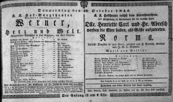 Theaterzettel (Oper und Burgtheater in Wien) 18401022 Seite: 1