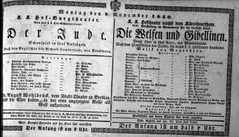 Theaterzettel (Oper und Burgtheater in Wien) 18401109 Seite: 1