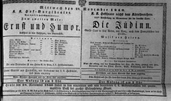 Theaterzettel (Oper und Burgtheater in Wien) 18401118 Seite: 1