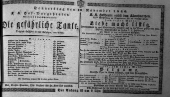 Theaterzettel (Oper und Burgtheater in Wien) 18401119 Seite: 1