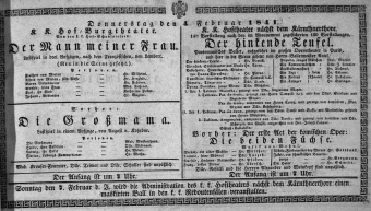 Theaterzettel (Oper und Burgtheater in Wien) 18410204 Seite: 1