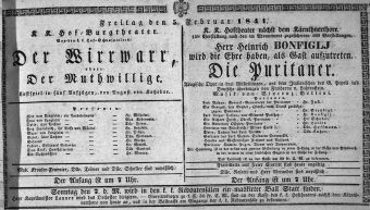 Theaterzettel (Oper und Burgtheater in Wien) 18410205 Seite: 1
