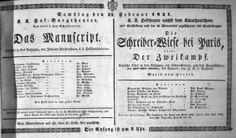 Theaterzettel (Oper und Burgtheater in Wien) 18410227 Seite: 1