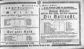 Theaterzettel (Oper und Burgtheater in Wien) 18410303 Seite: 1