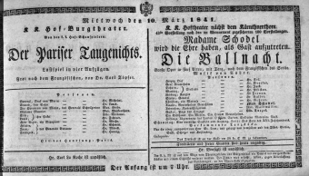 Theaterzettel (Oper und Burgtheater in Wien) 18410310 Seite: 1