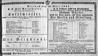 Theaterzettel (Oper und Burgtheater in Wien) 18410317 Seite: 1