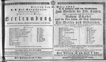 Theaterzettel (Oper und Burgtheater in Wien) 18410326 Seite: 1