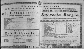 Theaterzettel (Oper und Burgtheater in Wien) 18410421 Seite: 1