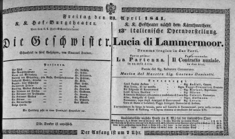 Theaterzettel (Oper und Burgtheater in Wien) 18410423 Seite: 1