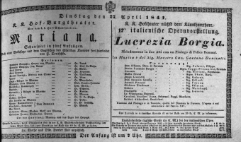 Theaterzettel (Oper und Burgtheater in Wien) 18410427 Seite: 1