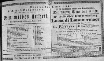 Theaterzettel (Oper und Burgtheater in Wien) 18410502 Seite: 1