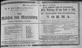 Theaterzettel (Oper und Burgtheater in Wien) 18410524 Seite: 1