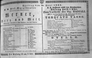 Theaterzettel (Oper und Burgtheater in Wien) 18410618 Seite: 1