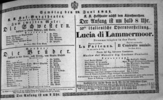 Theaterzettel (Oper und Burgtheater in Wien) 18410619 Seite: 1
