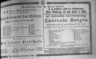 Theaterzettel (Oper und Burgtheater in Wien) 18410626 Seite: 1