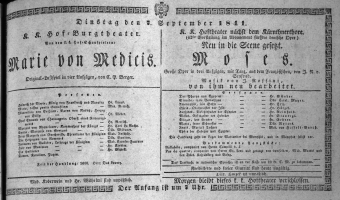 Theaterzettel (Oper und Burgtheater in Wien) 18410907 Seite: 1