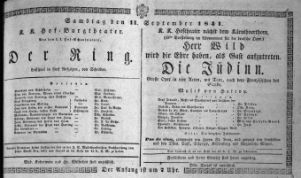 Theaterzettel (Oper und Burgtheater in Wien) 18410911 Seite: 1