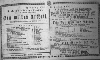 Theaterzettel (Oper und Burgtheater in Wien) 18411001 Seite: 1