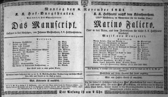 Theaterzettel (Oper und Burgtheater in Wien) 18411108 Seite: 1