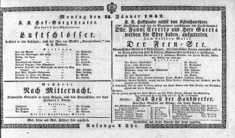 Theaterzettel (Oper und Burgtheater in Wien) 18420124 Seite: 1