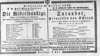 Theaterzettel (Oper und Burgtheater in Wien) 18420215 Seite: 1