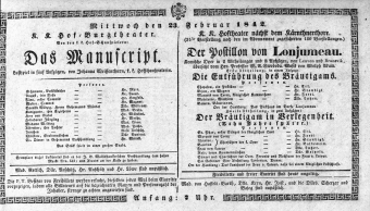 Theaterzettel (Oper und Burgtheater in Wien) 18420223 Seite: 1