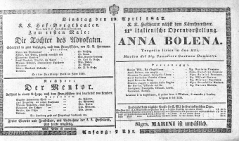 Theaterzettel (Oper und Burgtheater in Wien) 18420419 Seite: 1