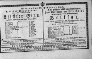 Theaterzettel (Oper und Burgtheater in Wien) 18430210 Seite: 1
