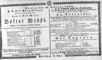 Theaterzettel (Oper und Burgtheater in Wien) 18430213 Seite: 1
