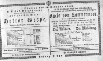 Theaterzettel (Oper und Burgtheater in Wien) 18430214 Seite: 1
