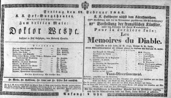 Theaterzettel (Oper und Burgtheater in Wien) 18430217 Seite: 1