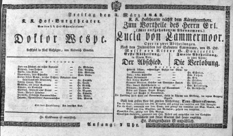 Theaterzettel (Oper und Burgtheater in Wien) 18430303 Seite: 1