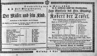 Theaterzettel (Oper und Burgtheater in Wien) 18430309 Seite: 1
