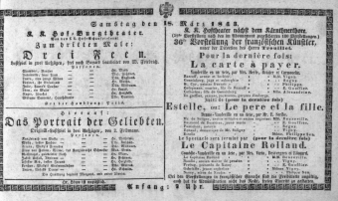 Theaterzettel (Oper und Burgtheater in Wien) 18430318 Seite: 1