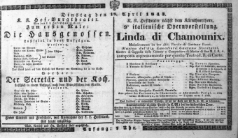 Theaterzettel (Oper und Burgtheater in Wien) 18430418 Seite: 1
