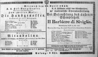 Theaterzettel (Oper und Burgtheater in Wien) 18430419 Seite: 1