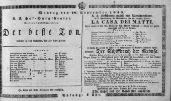 Theaterzettel (Oper und Burgtheater in Wien) 18430918 Seite: 1