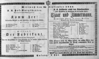 Theaterzettel (Oper und Burgtheater in Wien) 18430920 Seite: 1
