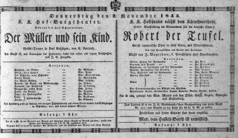 Theaterzettel (Oper und Burgtheater in Wien) 18431102 Seite: 1