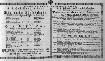 Theaterzettel (Oper und Burgtheater in Wien) 18431104 Seite: 1
