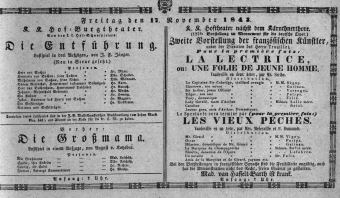 Theaterzettel (Oper und Burgtheater in Wien) 18431117 Seite: 1