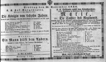 Theaterzettel (Oper und Burgtheater in Wien) 18431121 Seite: 1