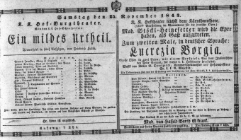 Theaterzettel (Oper und Burgtheater in Wien) 18431125 Seite: 1