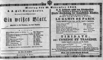 Theaterzettel (Oper und Burgtheater in Wien) 18431127 Seite: 1