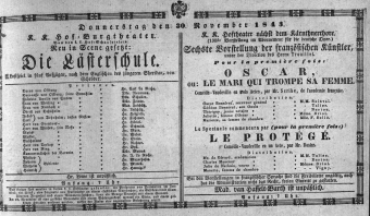 Theaterzettel (Oper und Burgtheater in Wien) 18431130 Seite: 1