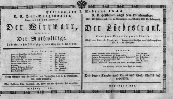 Theaterzettel (Oper und Burgtheater in Wien) 18440202 Seite: 1