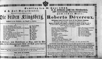Theaterzettel (Oper und Burgtheater in Wien) 18440622 Seite: 1