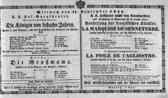 Theaterzettel (Oper und Burgtheater in Wien) 18440911 Seite: 1