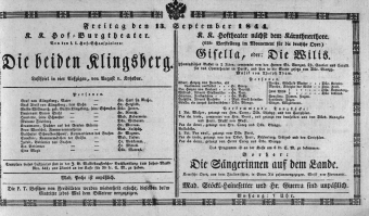 Theaterzettel (Oper und Burgtheater in Wien) 18440913 Seite: 1