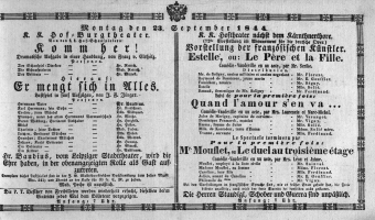 Theaterzettel (Oper und Burgtheater in Wien) 18440923 Seite: 1